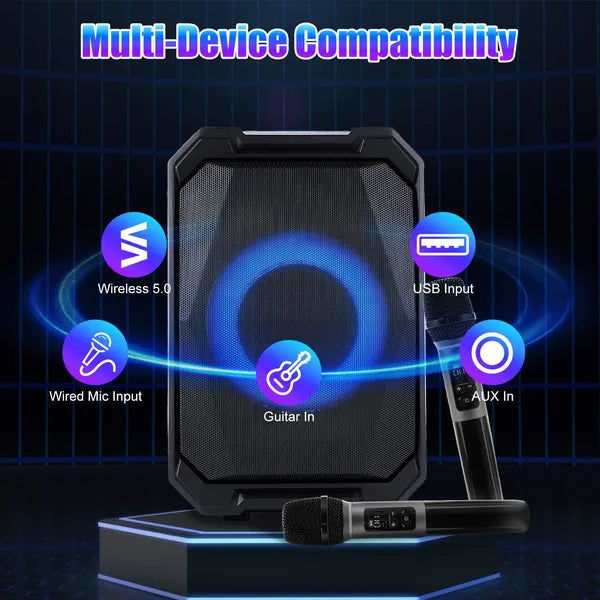 Portable Wireless Party Speaker – 80W, RGB Lights, 2 Wireless Mics, 12-Hr Battery