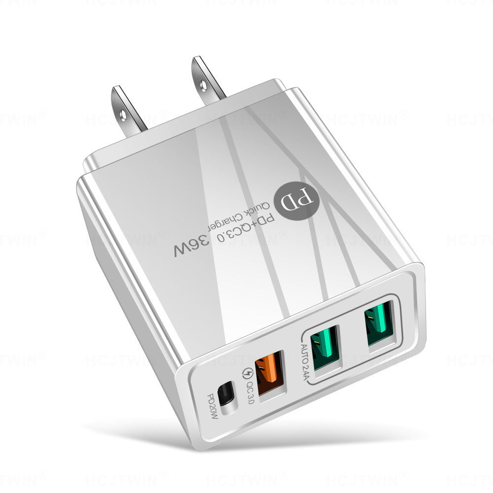 36W 4-Port Wall Charger – PD 20W USB-C + 3x USB | US / EU / UK | Black & Grey