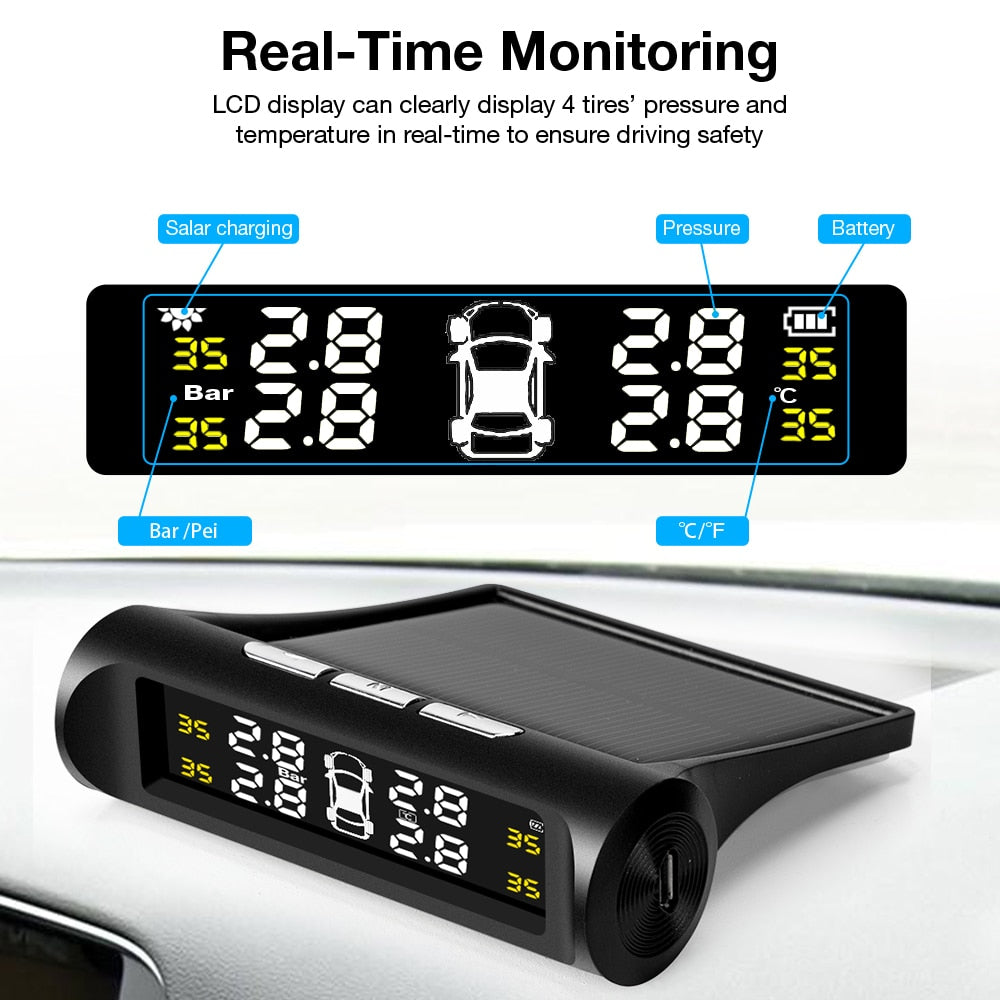 Solar TPMS Tire Pressure Monitoring System – LCD Display, Wireless External Sensors