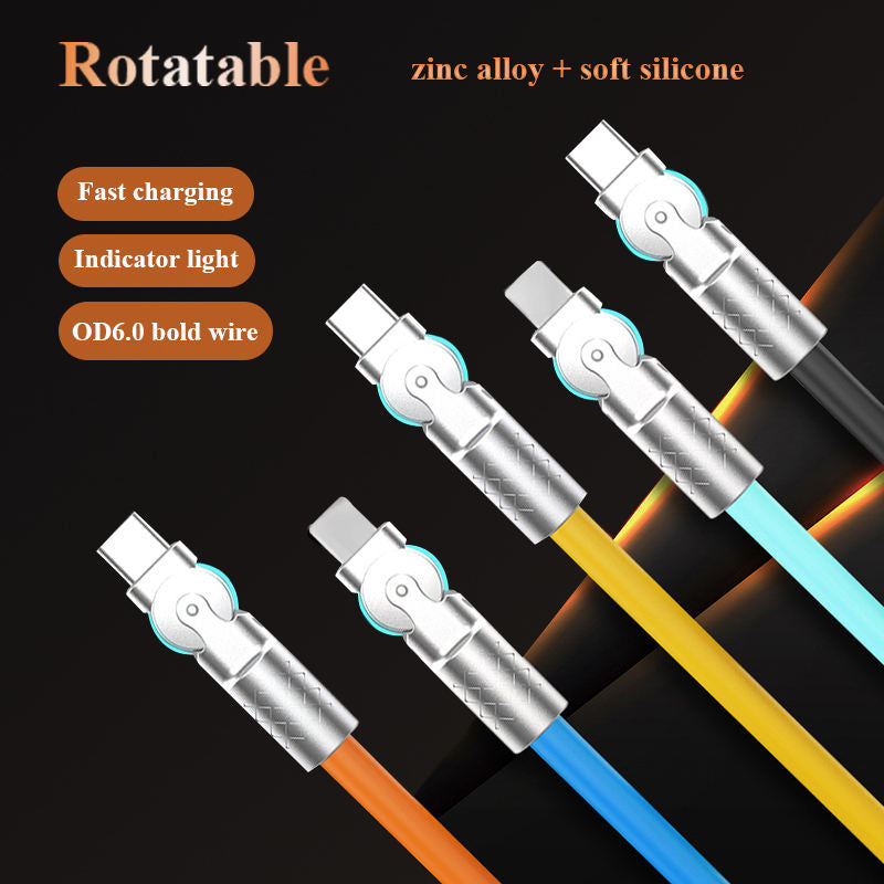 Rotatable Fast Charging Cable – Zinc Alloy, Silicone, USB-C & Lightning, 1m