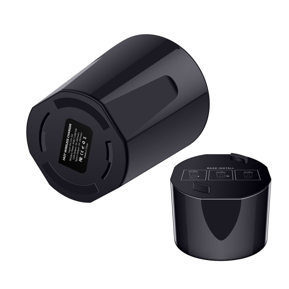 10W Qi Wireless Car Charger Cup Holder – USB-A Output, Dual Indicators, iPhone & Samsung