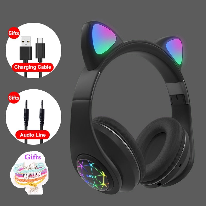 RGB Cat Ear Bluetooth Headphones – ANC, FM Radio, TF Card, Gift Bracelet Included