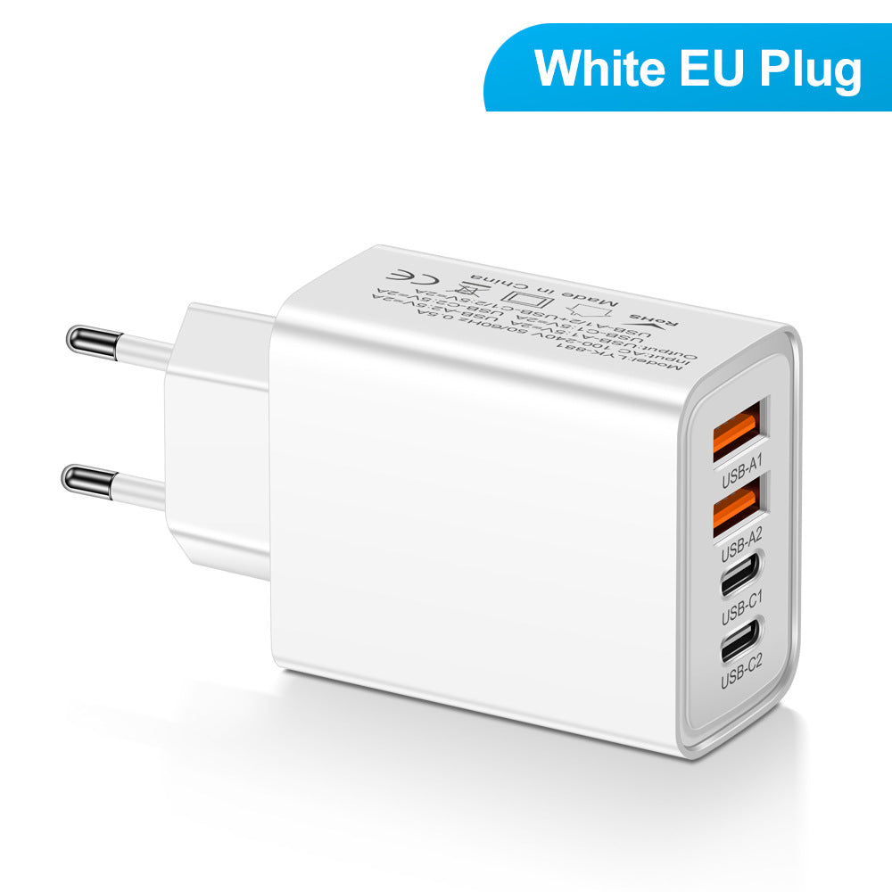 20W 4-Port Wall Charger – 2x USB-C + 2x USB-A | US / EU | Black, White & Yellow