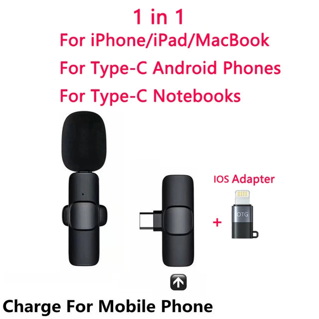 2.4GHz Wireless Lavalier Microphone – Plug & Play, 20m Range, USB-C & Lightning