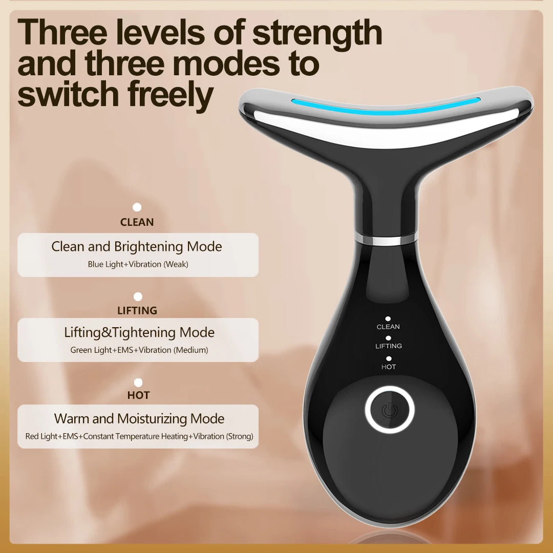 EMS Neck & Face Lifting Device – 3-Color LED Photon Skin Tightening Massager