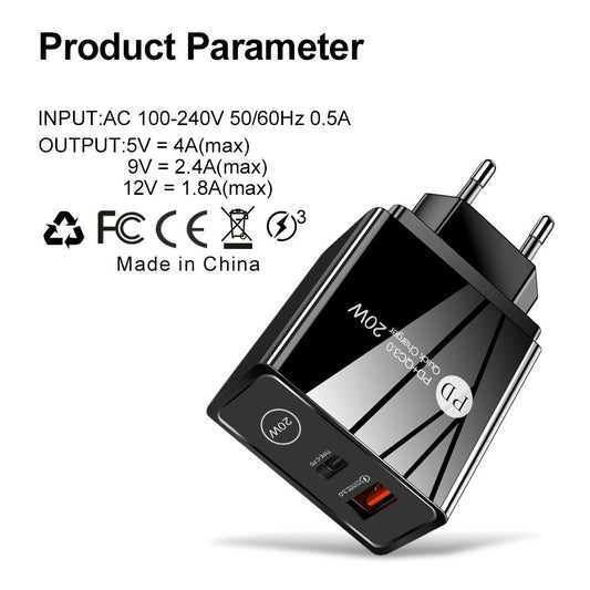 20W Fast Charging Wall Charger – QC3.0 + PD (US / EU / UK)