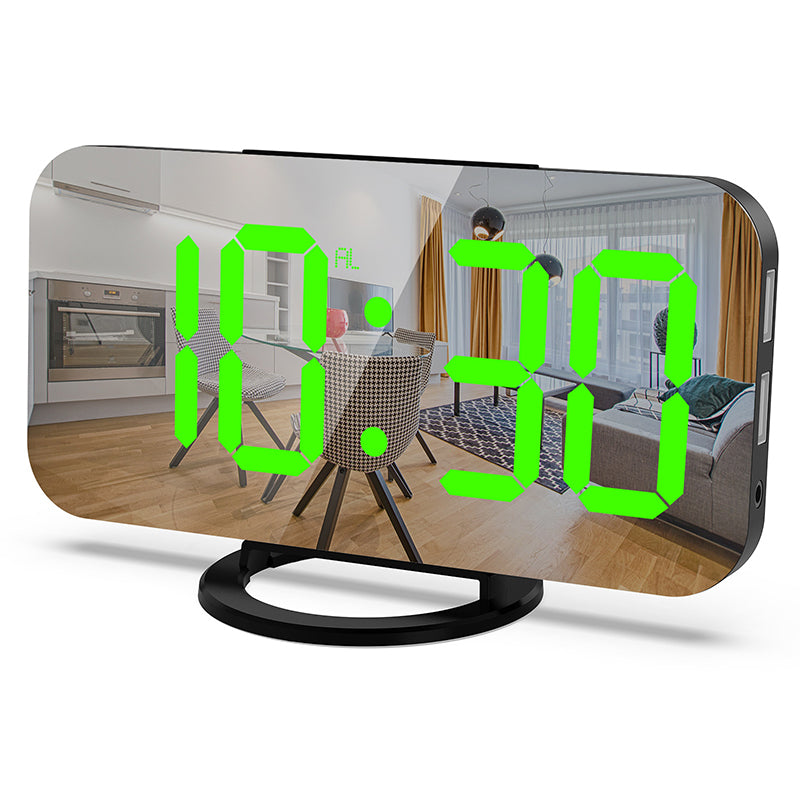 LED Mirror Alarm Clock with Dual USB Charging Ports – Auto-Dimming, Snooze & Weekday Alarm
