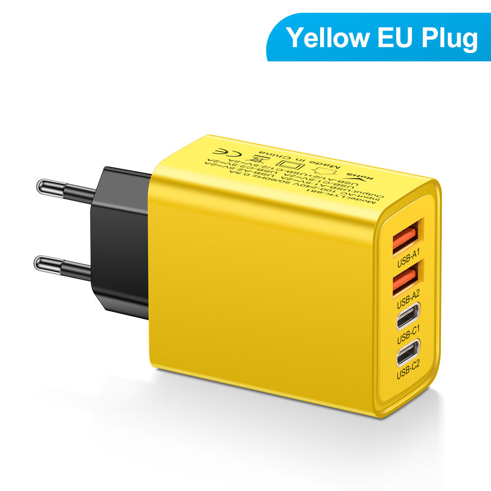 20W 4-Port Wall Charger – 2x USB-C + 2x USB-A | US / EU | Black, White & Yellow