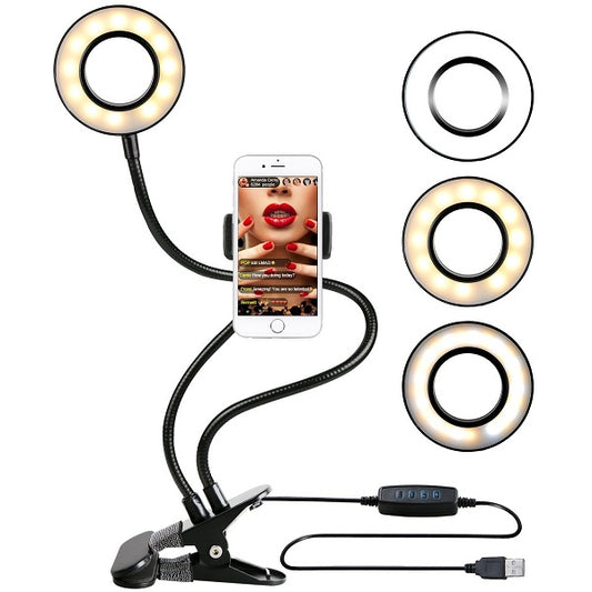 Selfie Ring Light with Flexible Gooseneck Arm & Phone Holder – 3 Colors, 10 Brightness Levels