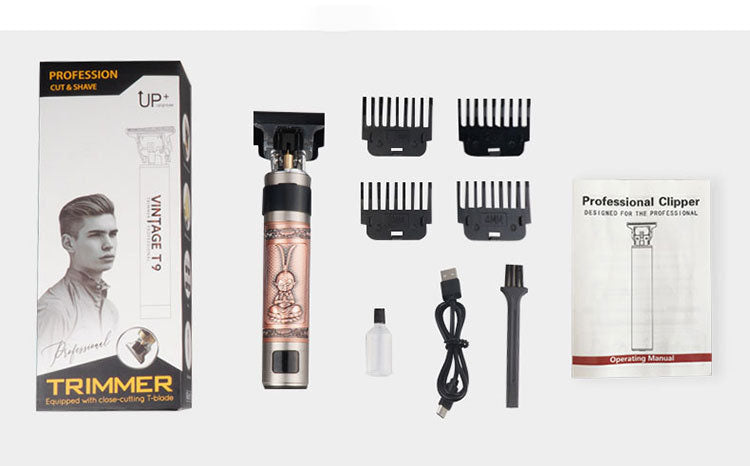 T9 Zinc Alloy Hair Clipper – Digital Display, USB-C Rechargeable, 4 Bold Designs