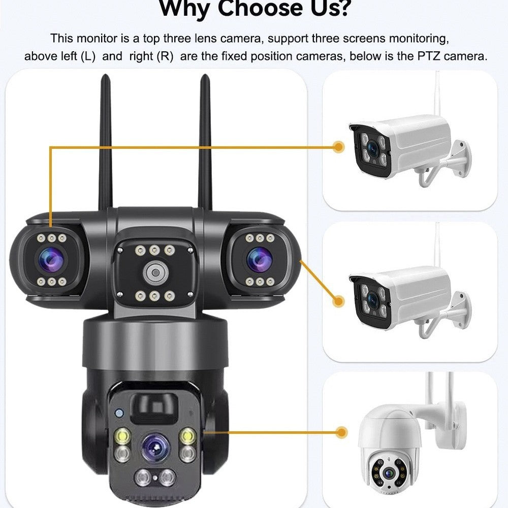 V380 Triple-Lens 6MP Solar Security Camera – 360° 3-View, AI Human Detection & WiFi or 4G