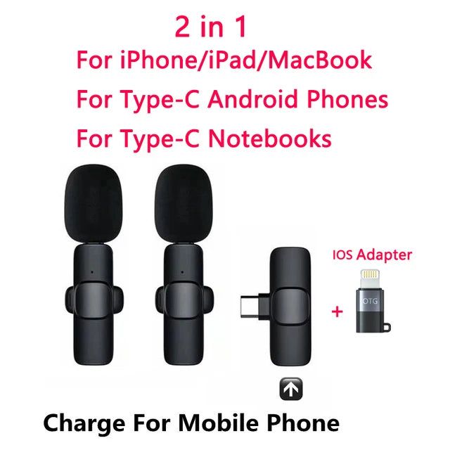 2.4GHz Wireless Lavalier Microphone – Plug & Play, 20m Range, USB-C & Lightning