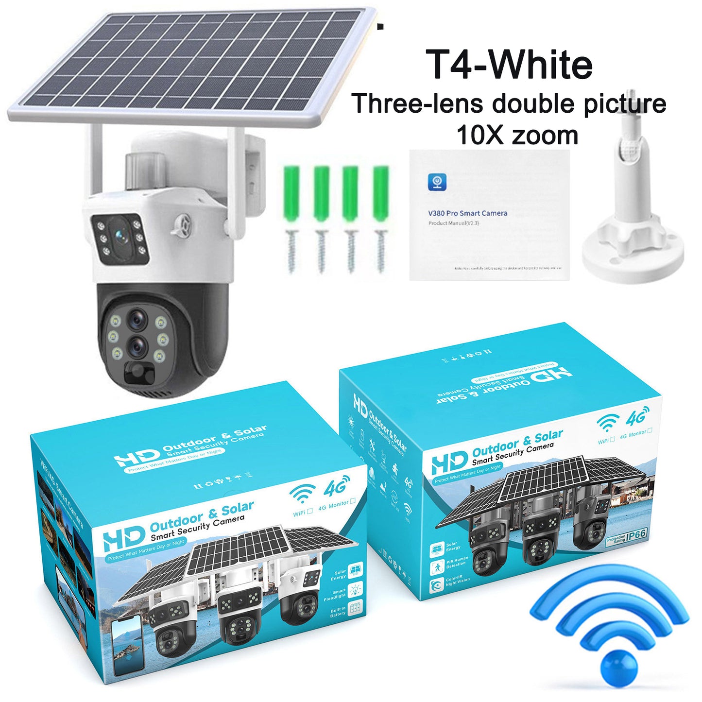 Solar WiFi PTZ Security Camera – Dual or Triple Lens, 10× Digital Zoom & IP66 Weatherproof