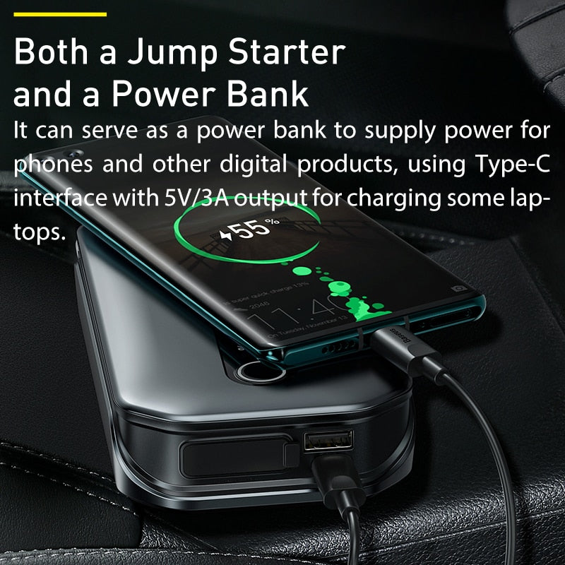Baseus 1000A Car Jump Starter Power Bank – 12000mAh, 3.5L Gas / 6L Diesel