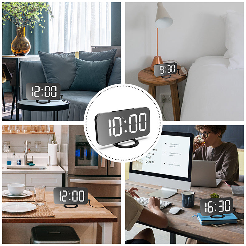 LED Mirror Alarm Clock with Dual USB Charging Ports – Auto-Dimming, Snooze & Weekday Alarm