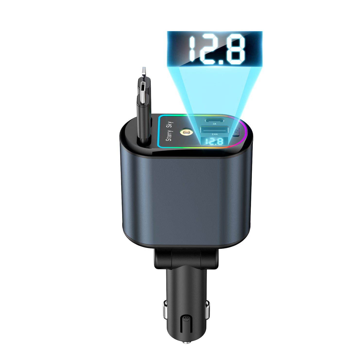 120W Retractable Car Charger – 4-Port Fast Charging, Digital Display, Starry Sky Design
