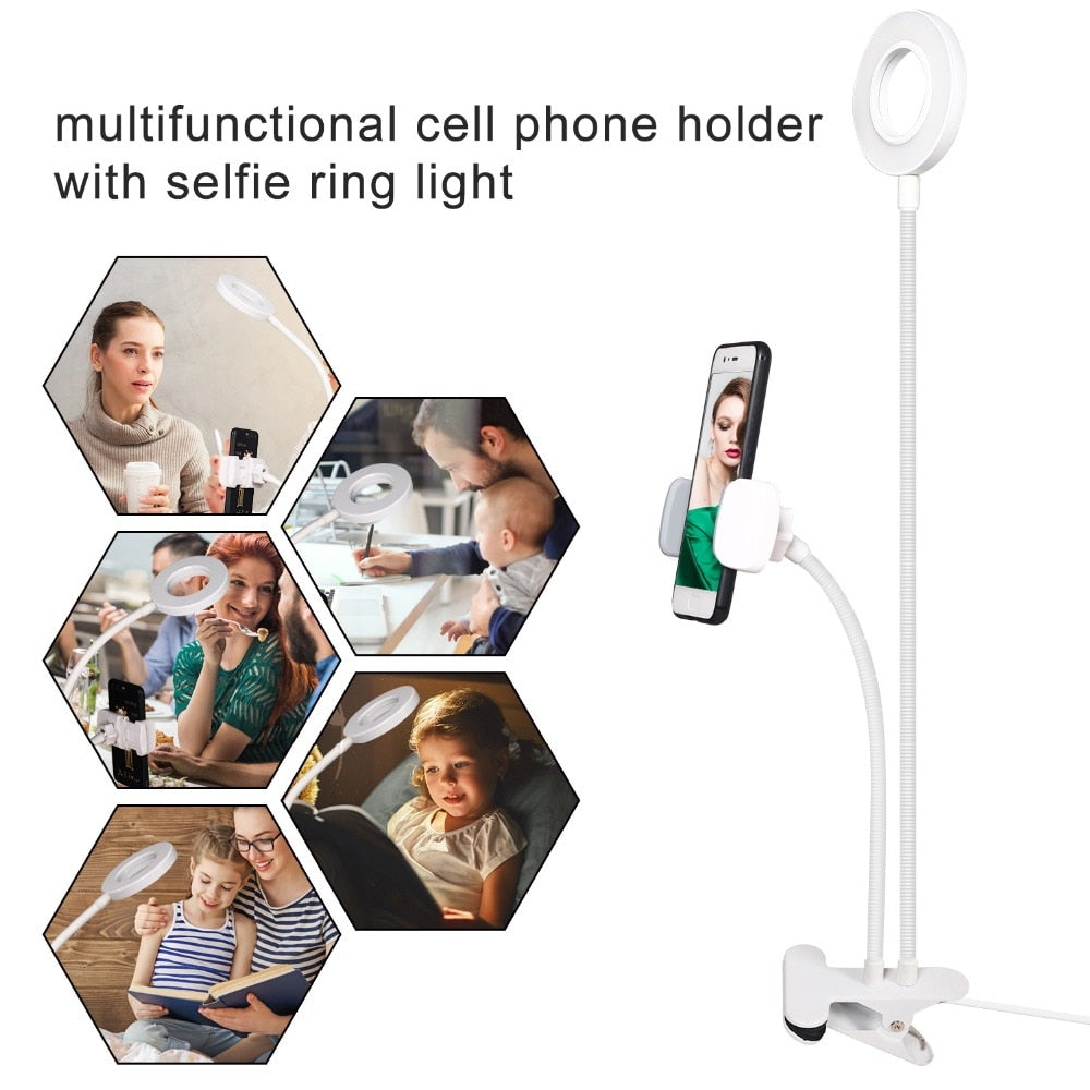 Selfie Ring Light with Flexible Gooseneck Arm & Phone Holder – 3 Colors, 10 Brightness Levels