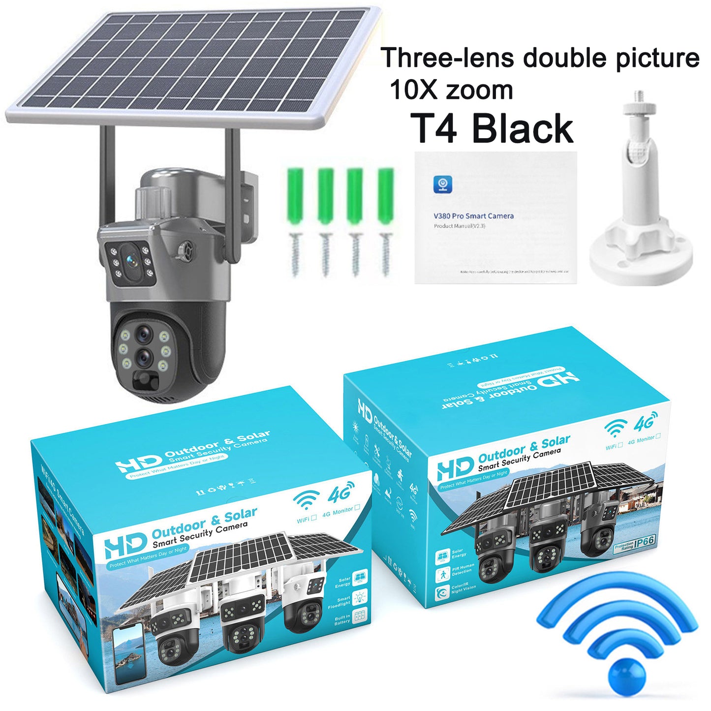 Solar WiFi PTZ Security Camera – Dual or Triple Lens, 10× Digital Zoom & IP66 Weatherproof