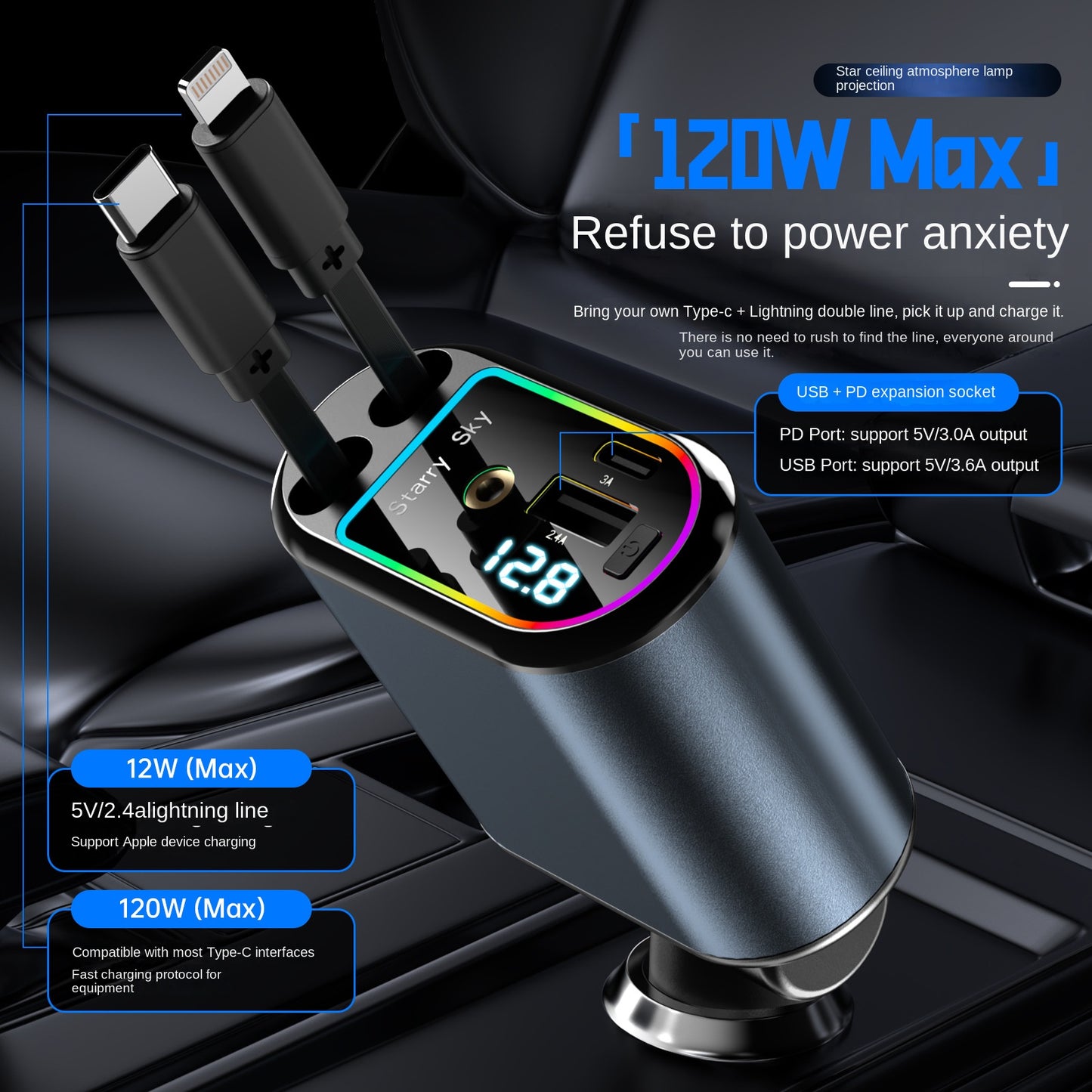 120W Retractable Car Charger – 4-Port Fast Charging, Digital Display, Starry Sky Design