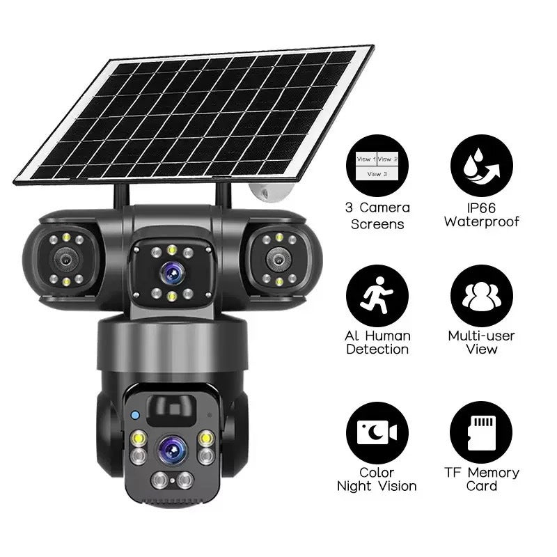 V380 Triple-Lens 6MP Solar Security Camera – 360° 3-View, AI Human Detection & WiFi or 4G