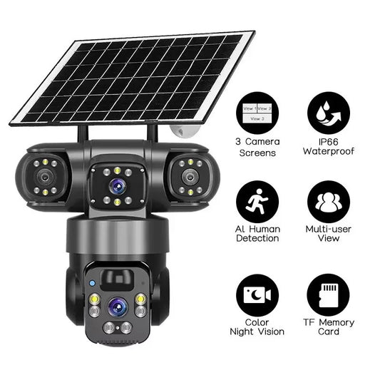 V380 Triple-Lens 6MP Solar Security Camera – 360° 3-View, AI Human Detection & WiFi or 4G