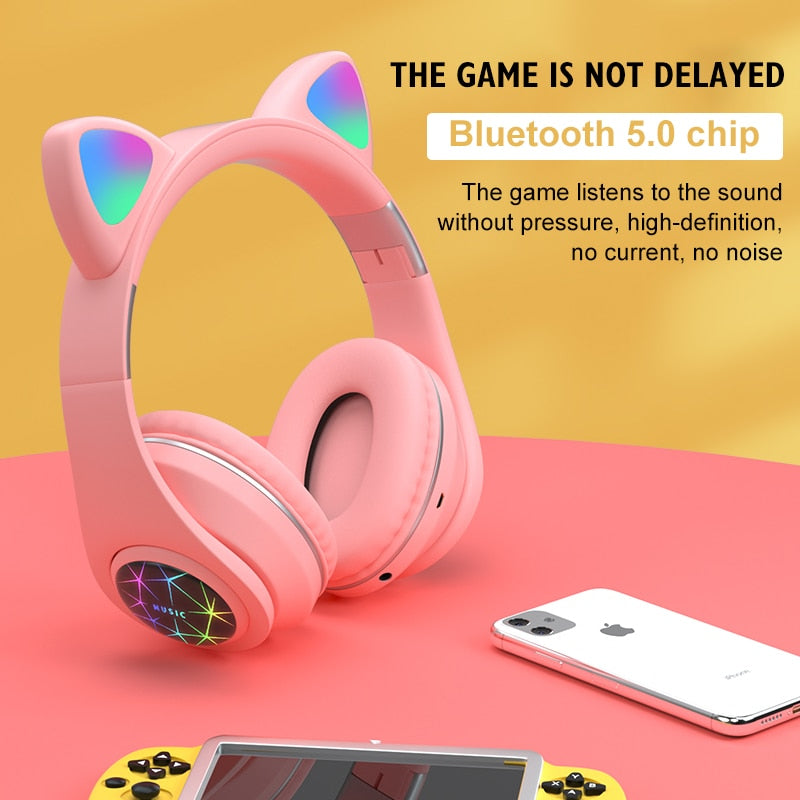 RGB Cat Ear Bluetooth Headphones – ANC, FM Radio, TF Card, Gift Bracelet Included