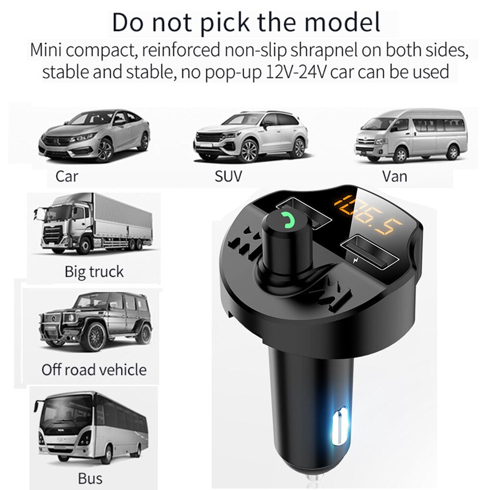T66 Bluetooth 5.0 FM Transmitter – Dual USB, TF Card, Battery Voltage Display, Hands-Free