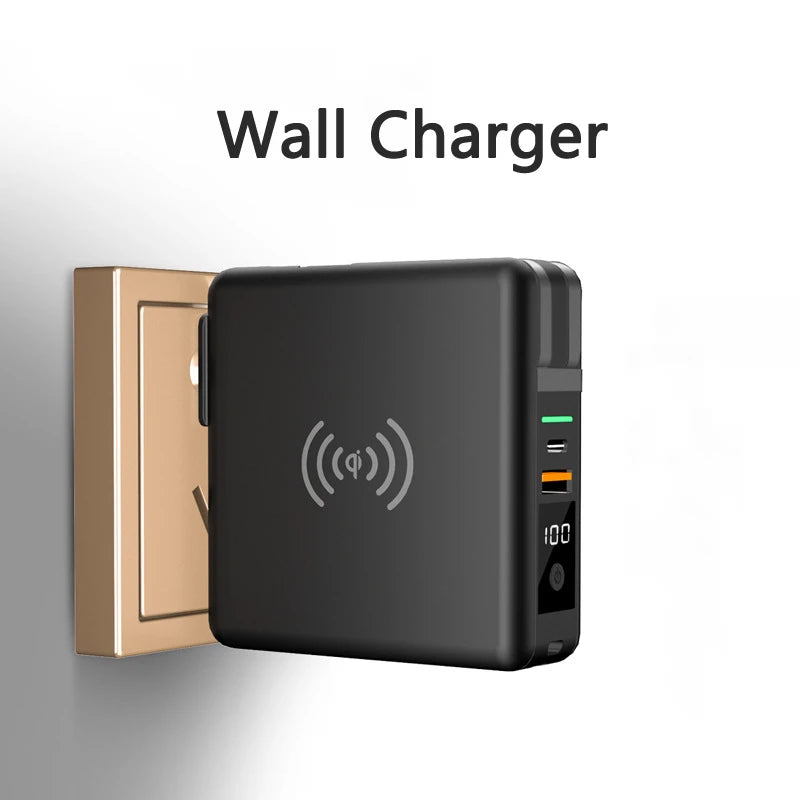 3-in-1 Power Bank with Built-In AC Plug – 10000mAh, 15W Wireless Charging & USB-C