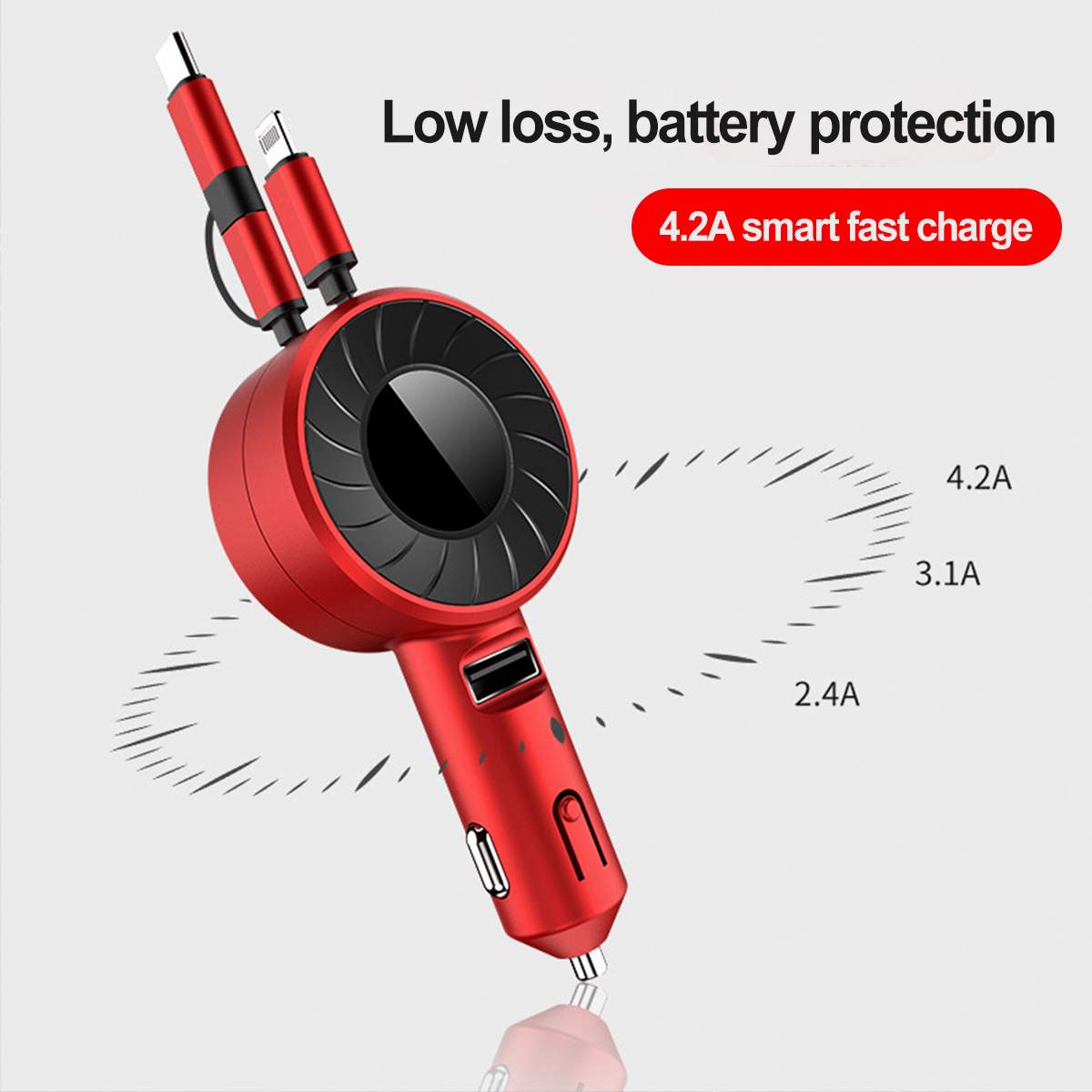 3-in-1 Retractable Car Charger – 4.2A Fast Charge, Lightning, USB-C & Micro USB