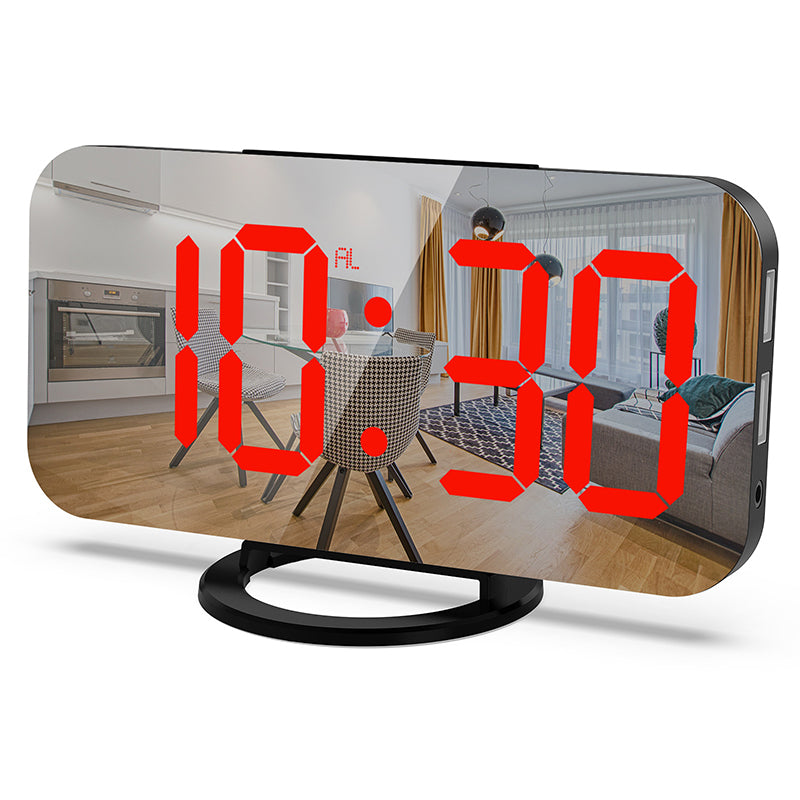 LED Mirror Alarm Clock with Dual USB Charging Ports – Auto-Dimming, Snooze & Weekday Alarm
