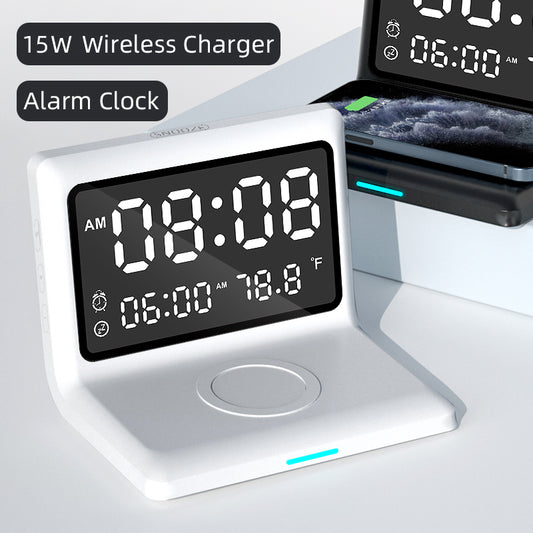 3-in-1 Wireless Charging Alarm Clock – 15W Fast Charge | iPhone, AirPods & USB | Black & White