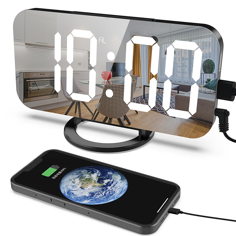 LED Mirror Alarm Clock with Dual USB Charging Ports – Auto-Dimming, Snooze & Weekday Alarm