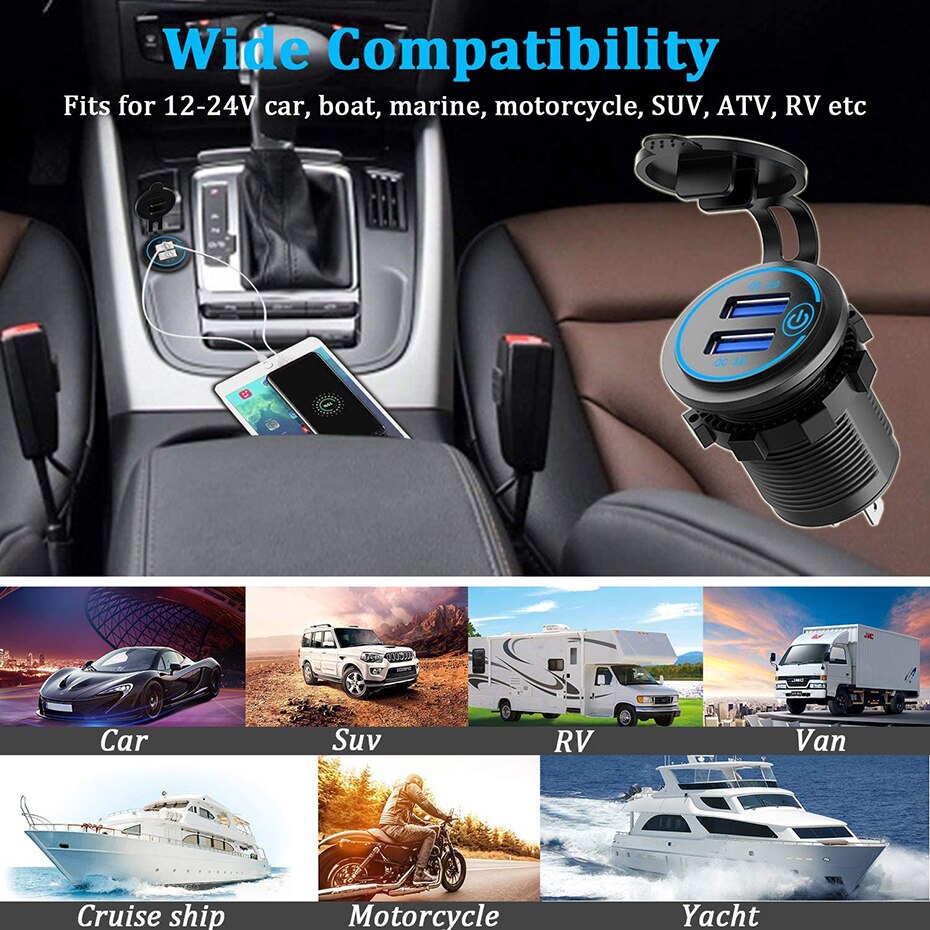 36W QC 3.0 Waterproof Dual USB Charger Socket – Touch Switch, Motorcycle, Car, Truck & Boat