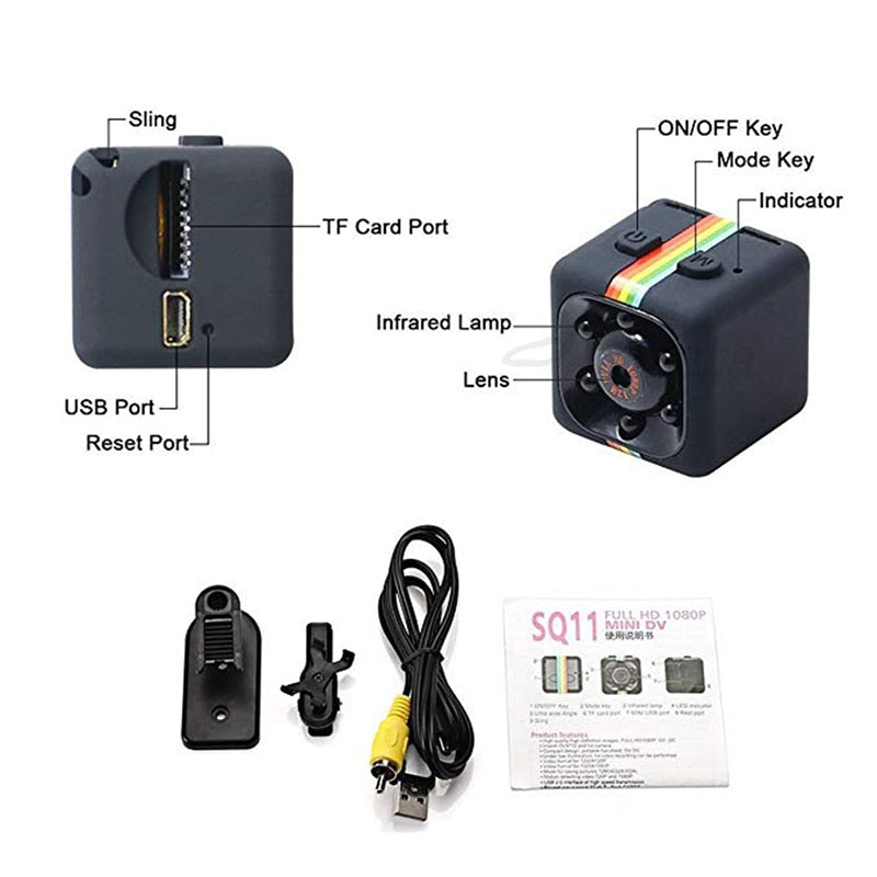 SQ11 1080P Mini Camera – 140° Wide Angle, IR Night Vision & 360° Adjustable Bracket