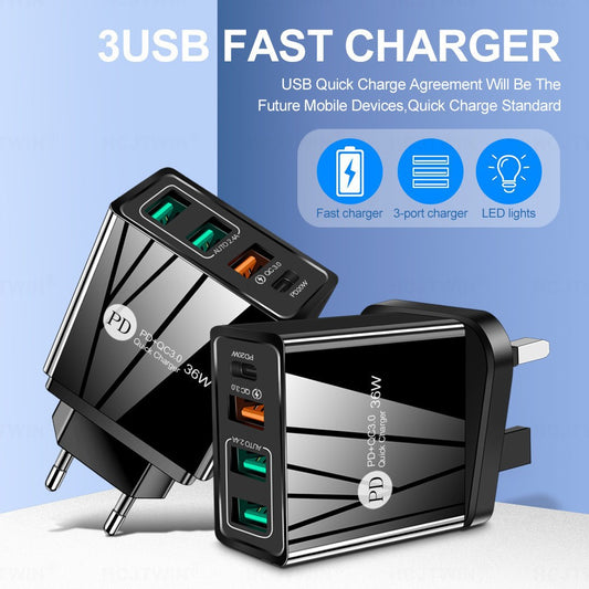 36W 4-Port Wall Charger – PD 20W USB-C + 3x USB | US / EU / UK | Black & Grey