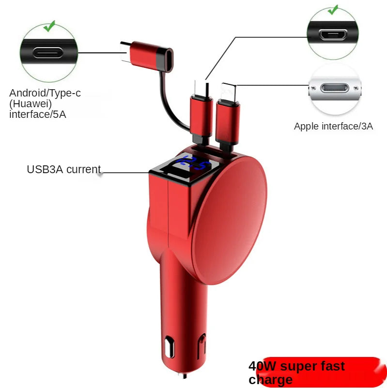 60W 3-in-1 Car Charger with Telescopic Cables – USB PD, QC, Lightning, USB-C & USB-A