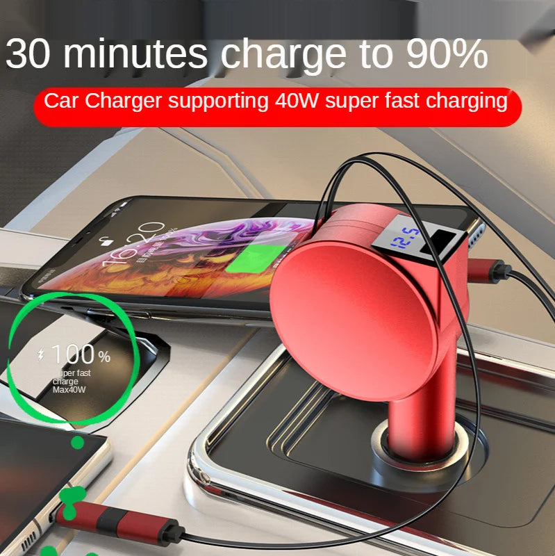 60W 3-in-1 Car Charger with Telescopic Cables – USB PD, QC, Lightning, USB-C & USB-A