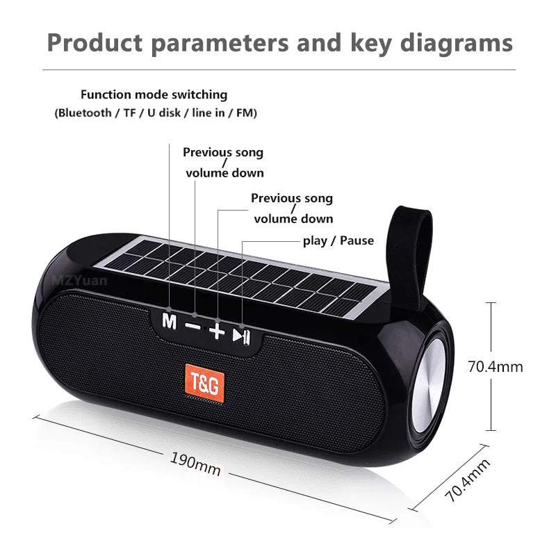 Solar-Powered Bluetooth 5.0 Speaker with FM Radio, TF Card & AUX – 10W Hi-Fi Stereo