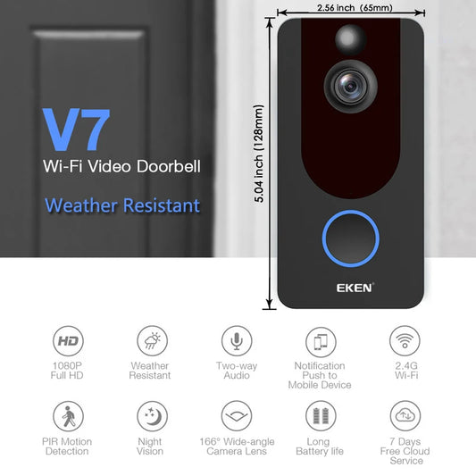EKEN V7 1080P WiFi Video Doorbell with PIR Motion Detection, Two-Way Audio & Night Vision