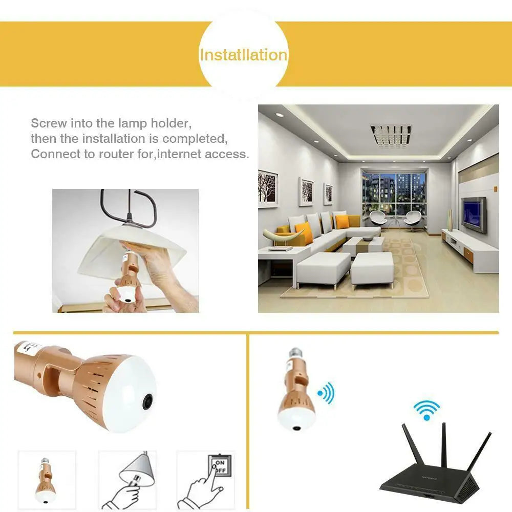 360° Panoramic WiFi Security Camera Bulb – 2MP, E27 Socket, Two-Way Audio & Cloud Storage