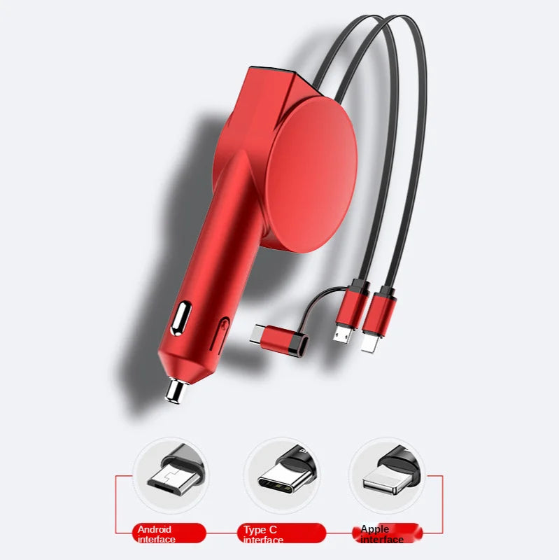 60W 3-in-1 Car Charger with Telescopic Cables – USB PD, QC, Lightning, USB-C & USB-A