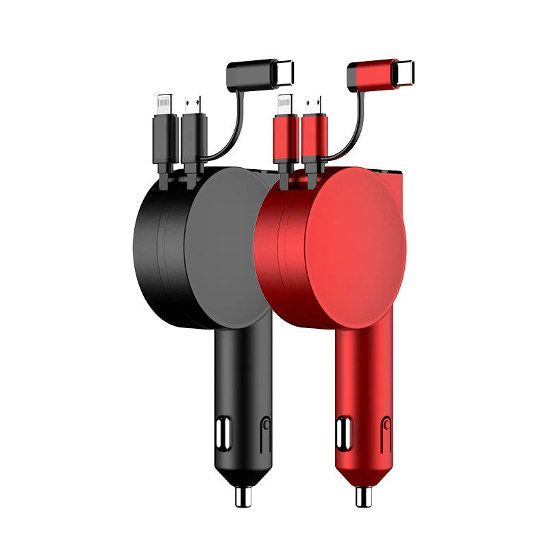 60W 3-in-1 Car Charger with Telescopic Cables – USB PD, QC, Lightning, USB-C & USB-A