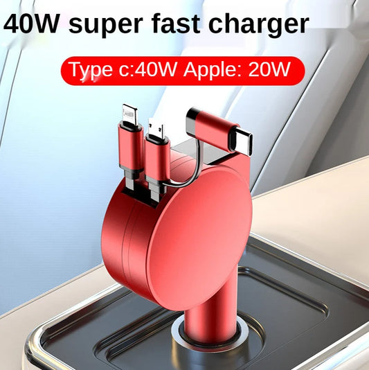 60W 3-in-1 Car Charger with Telescopic Cables – USB PD, QC, Lightning, USB-C & USB-A