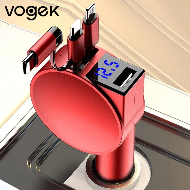 60W 3-in-1 Car Charger with Telescopic Cables – USB PD, QC, Lightning, USB-C & USB-A