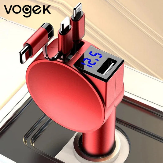 60W 3-in-1 Car Charger with Telescopic Cables – USB PD, QC, Lightning, USB-C & USB-A