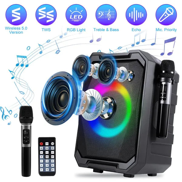 Portable Wireless Party Speaker – 80W, RGB Lights, 2 Wireless Mics, 12-Hr Battery
