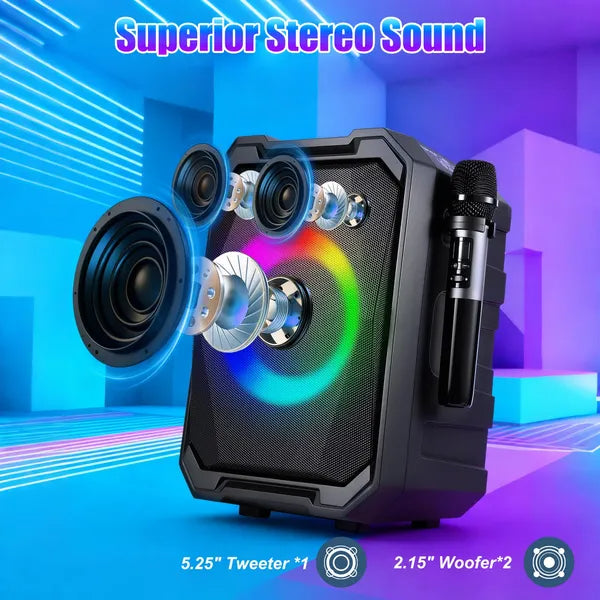 Portable Wireless Party Speaker – 80W, RGB Lights, 2 Wireless Mics, 12-Hr Battery