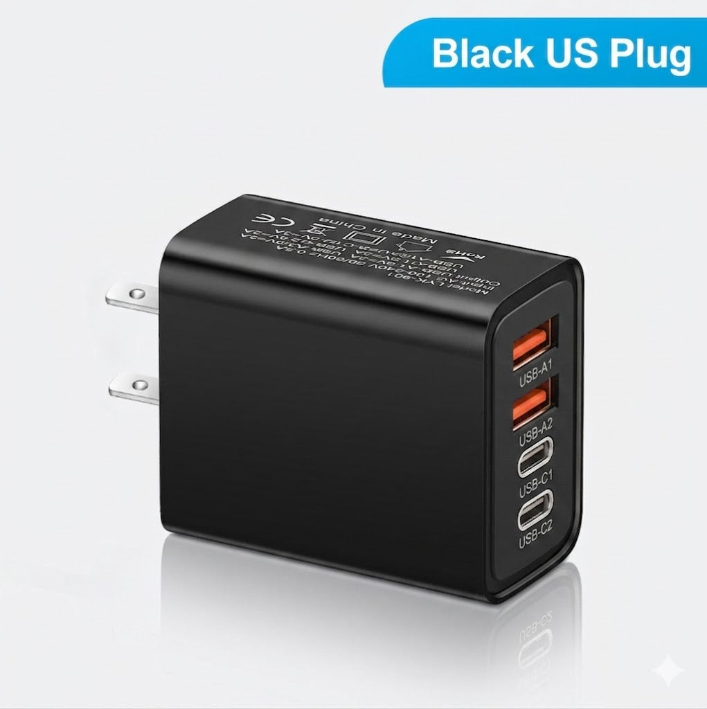 20W 4-Port Wall Charger – 2x USB-C + 2x USB-A | US / EU | Black, White & Yellow