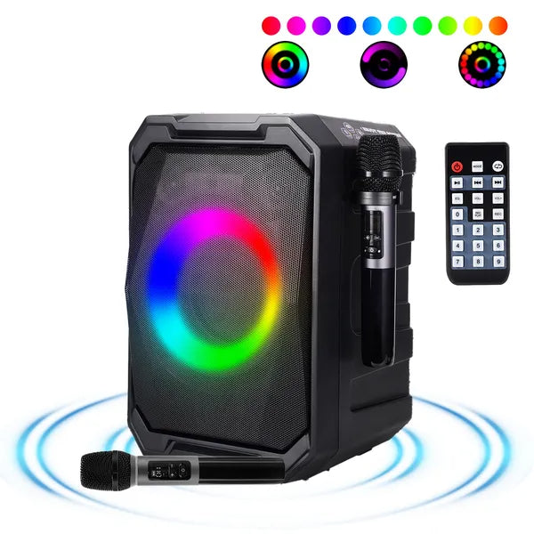 Portable Wireless Party Speaker – 80W, RGB Lights, 2 Wireless Mics, 12-Hr Battery