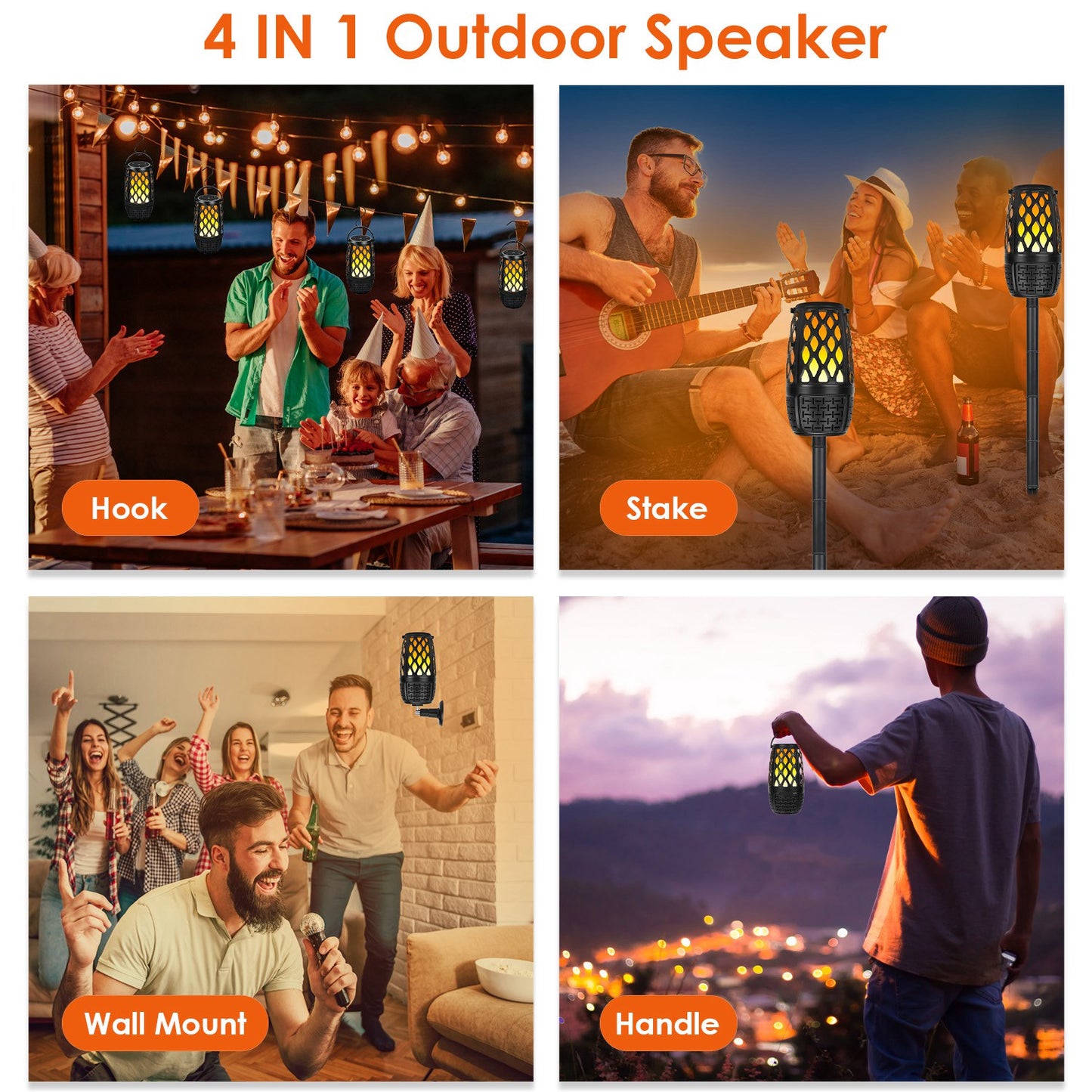 Outdoor Flame LED Speaker – 10W, IPX5 Waterproof, Bluetooth 5.3, 4-in-1 Mount Options